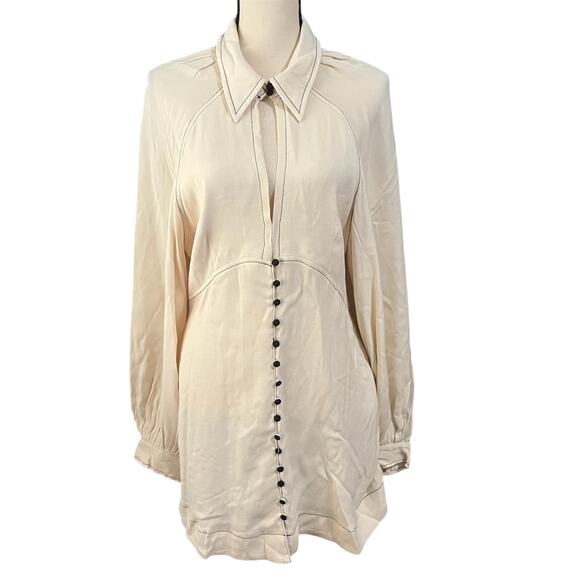 Free People Women's Ivory V-Neck Buttons Festival Boho Oversized Mini Dress Sz S - Picture 2 of 7